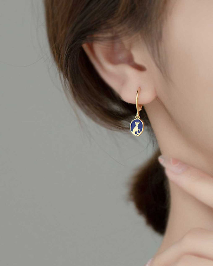 Blue Enamel Cat Charm Huggie Earrings