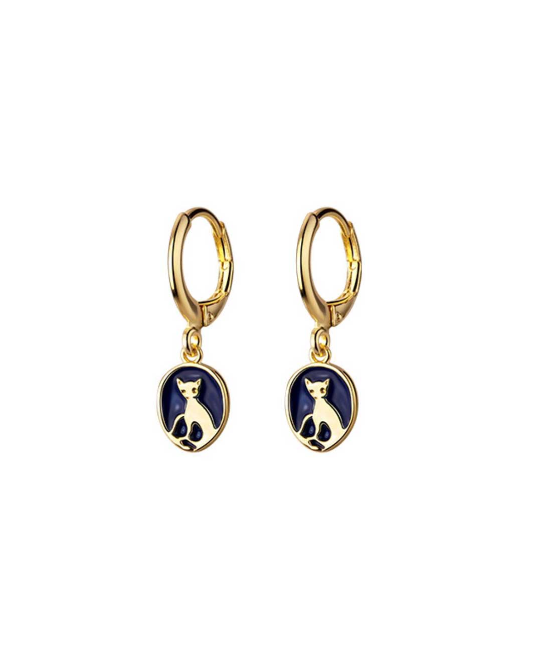 Blue Enamel Cat Charm Huggie Earrings