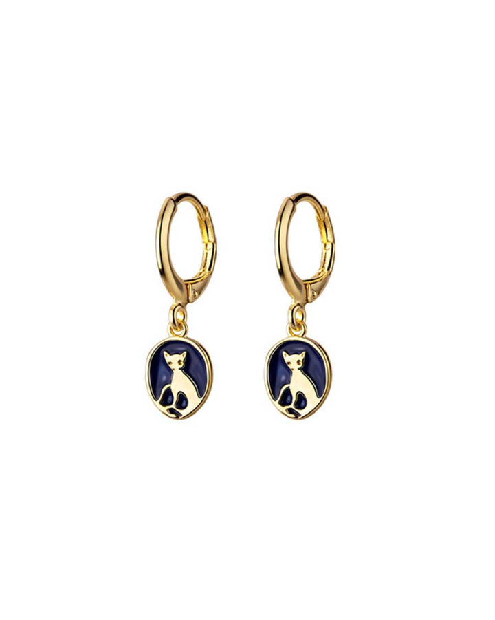 Blue Enamel Cat Charm Huggie Earrings