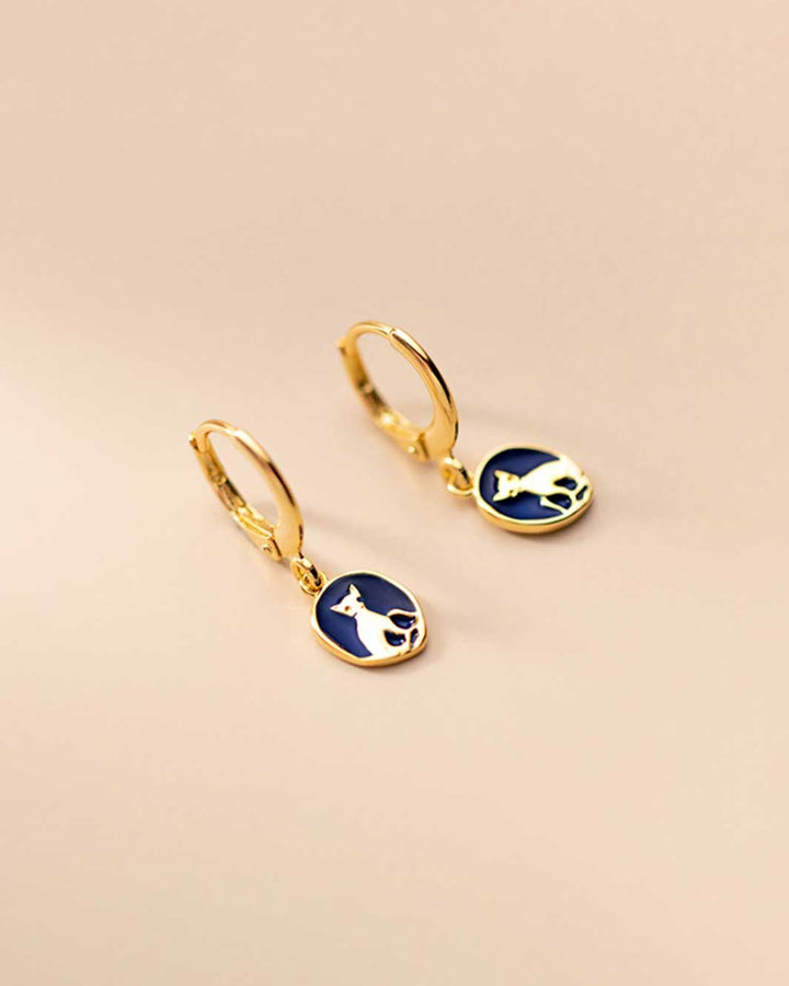 Blue Enamel Cat Charm Huggie Earrings