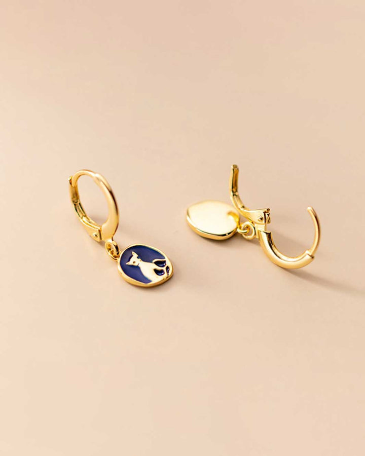Blue Enamel Cat Charm Huggie Earrings