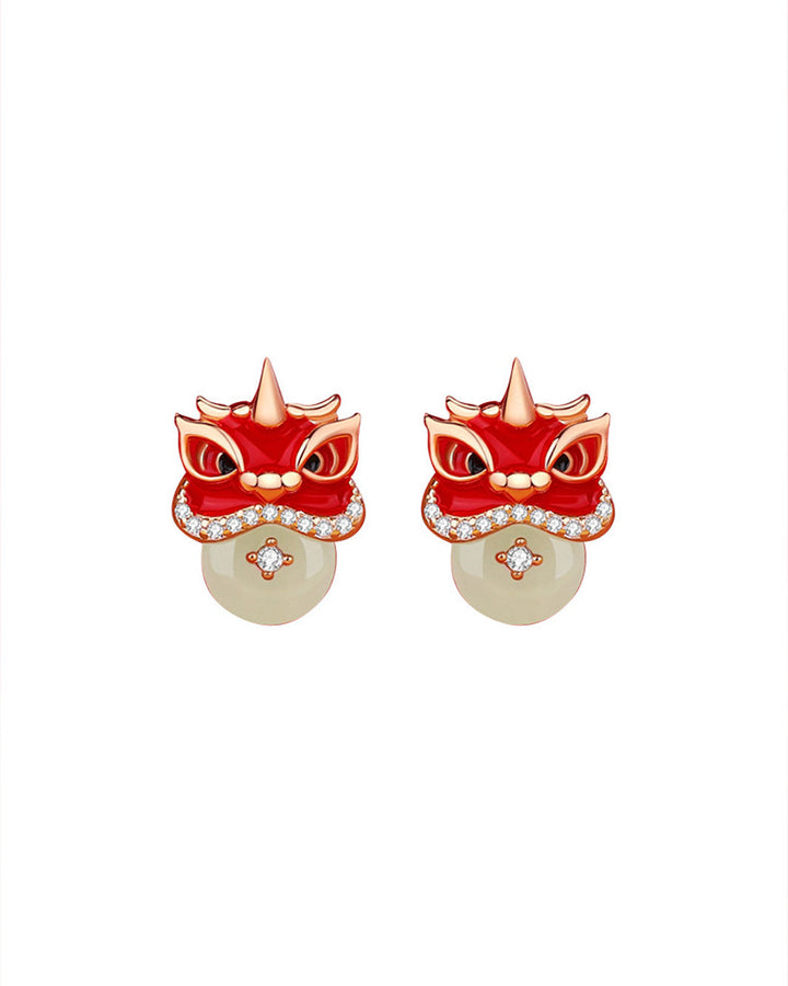 Dancing Lion Jade Stud Earrings