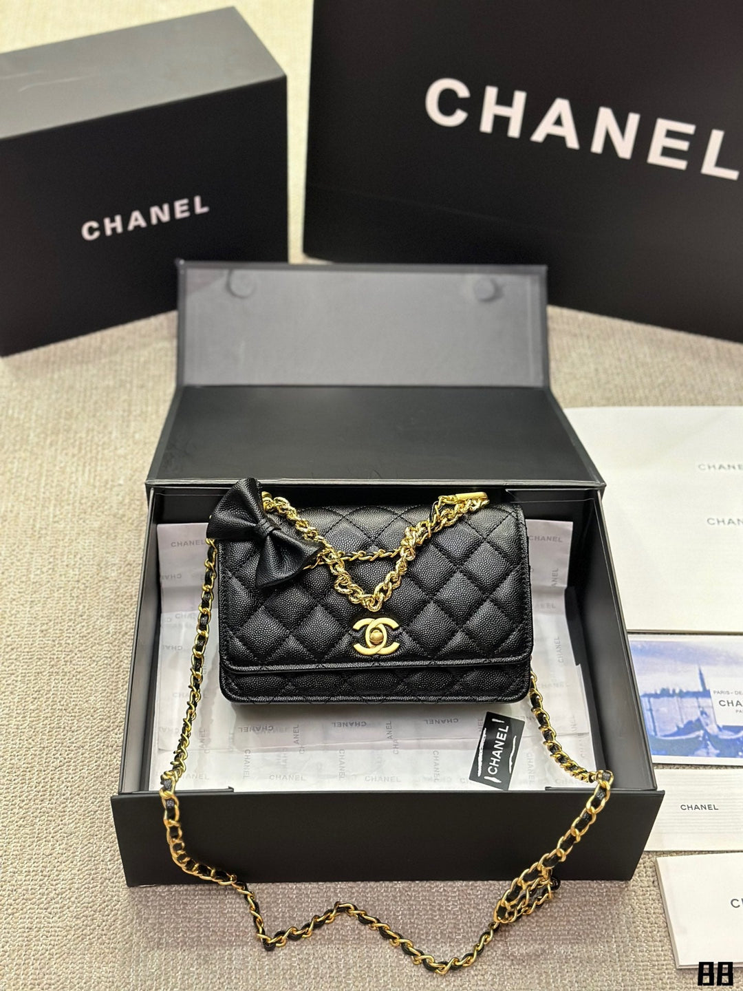 3 Color Gold Chain Caviar Tote Bag