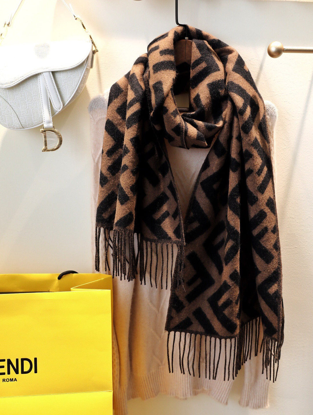 Classic FF Letters Jacquard Fringe Scarf
