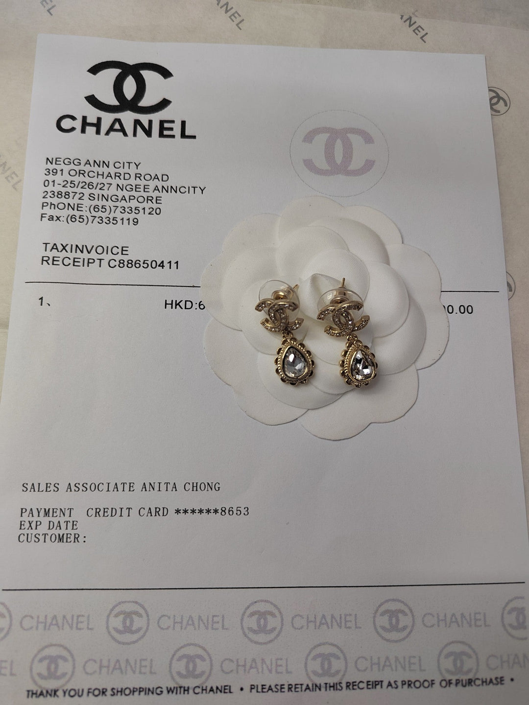 new double C white diamond gold drop earrings