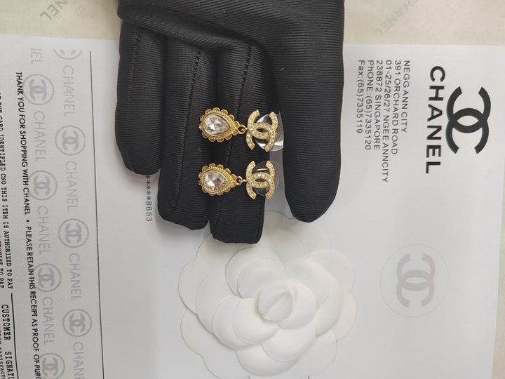 new double C white diamond gold drop earrings