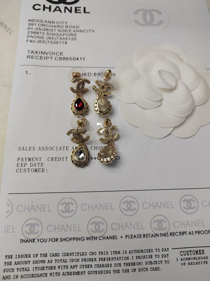 new double C white diamond gold drop earrings