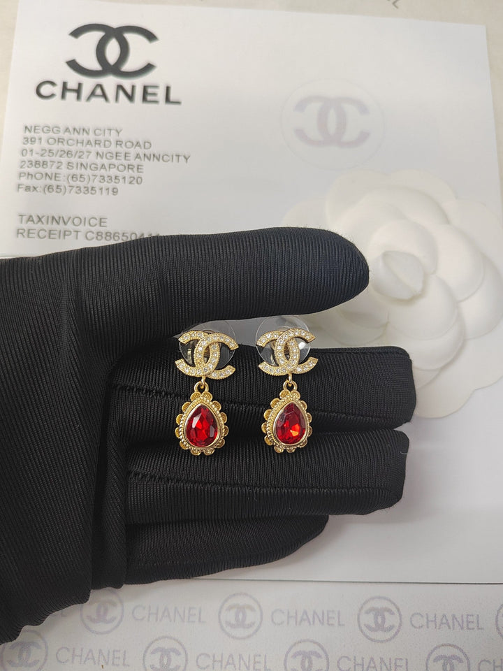 new double C white diamond gold drop earrings