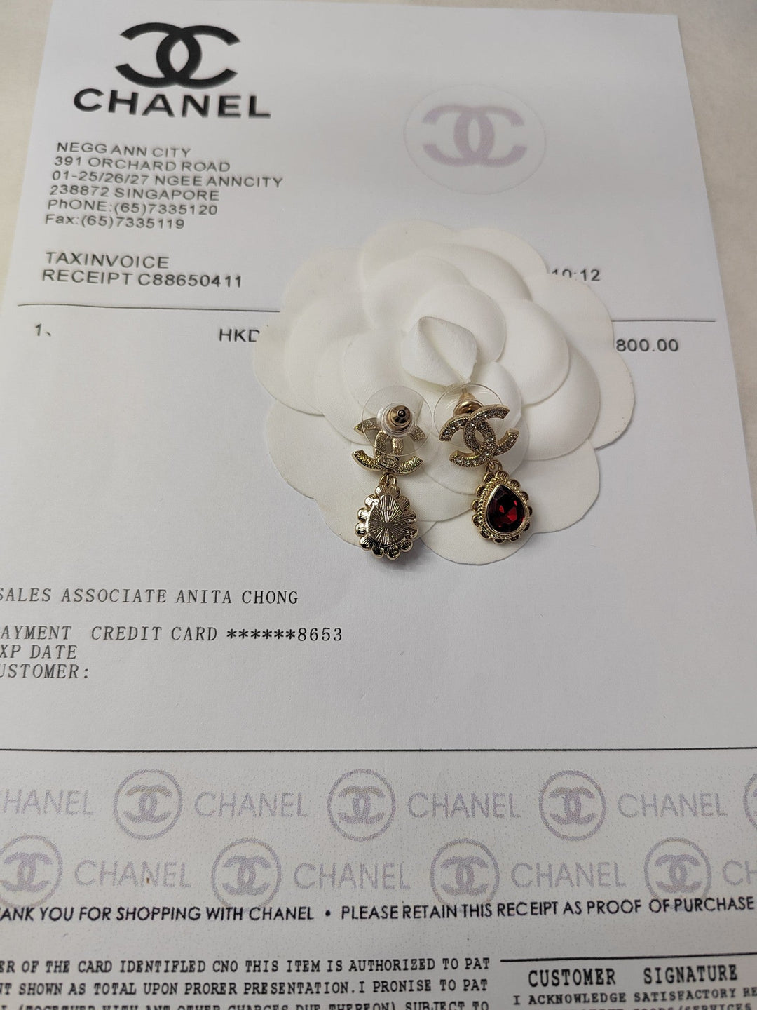 new double C white diamond gold drop earrings