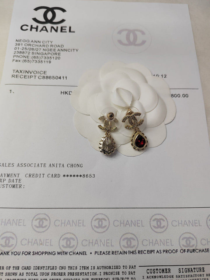 new double C white diamond gold drop earrings