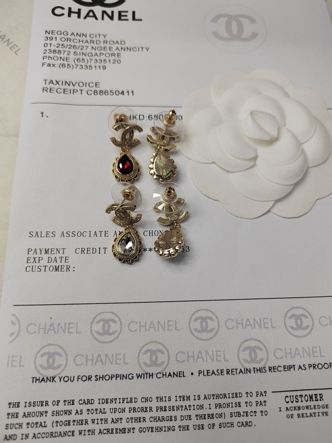 new double C white diamond gold drop earrings