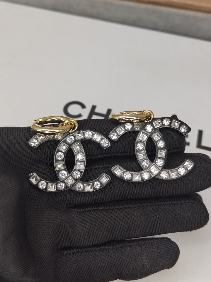 Fashion CC diamond encrusted black acrylic earrings