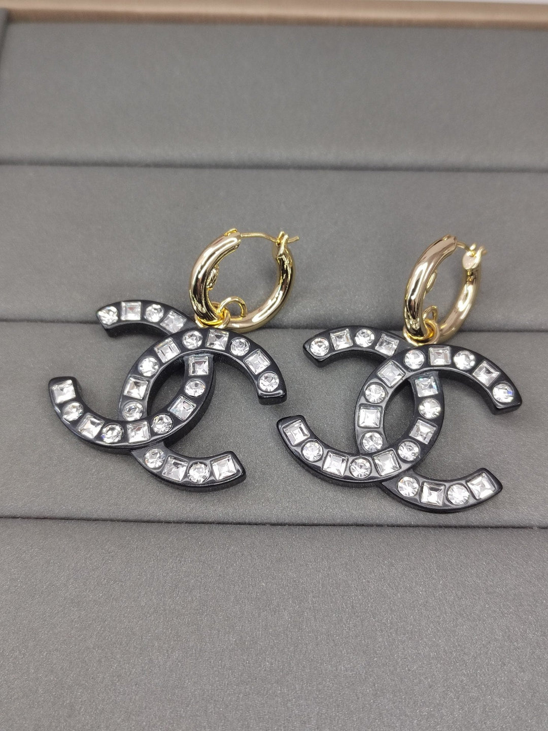 Fashion CC diamond encrusted black acrylic earrings