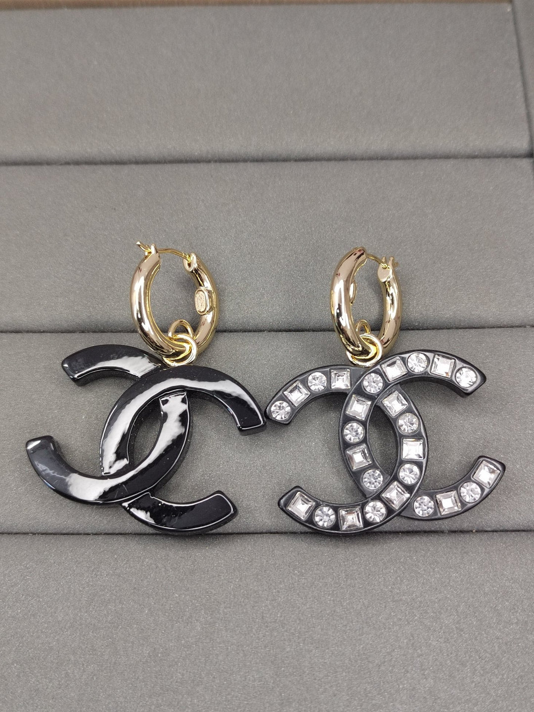 Fashion CC diamond encrusted black acrylic earrings