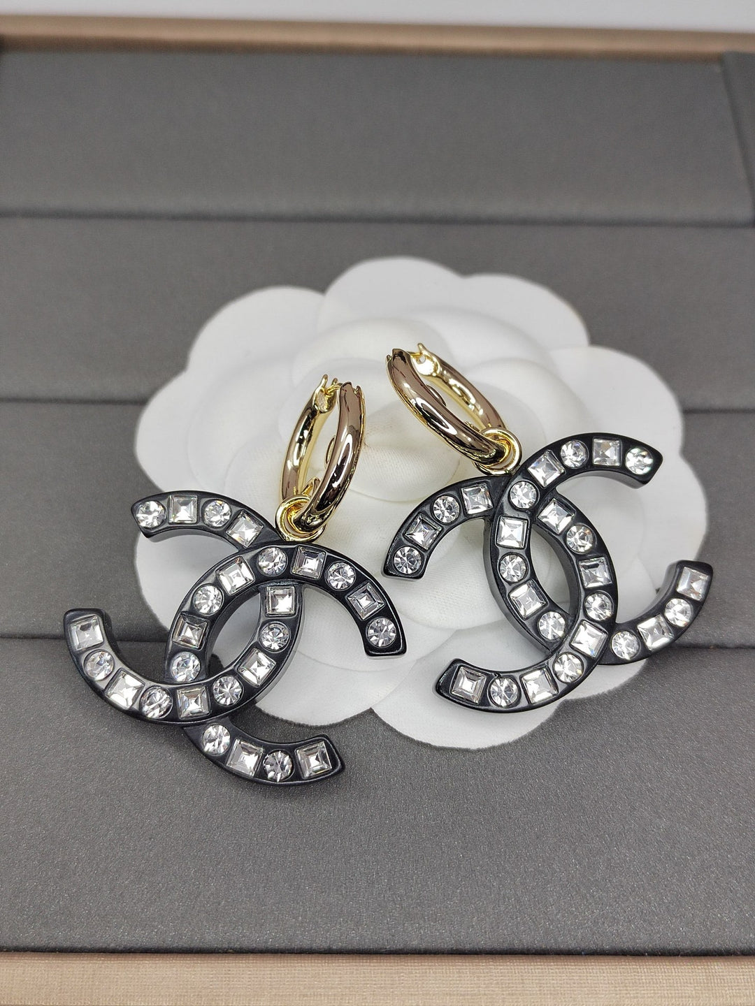 Fashion CC diamond encrusted black acrylic earrings