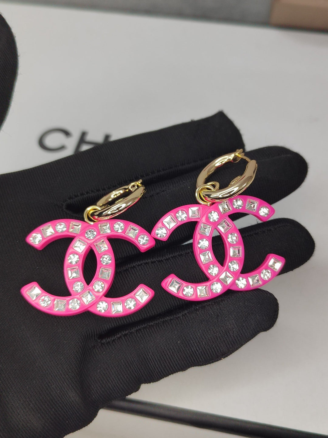 Fashion CC diamond encrusted black acrylic earrings