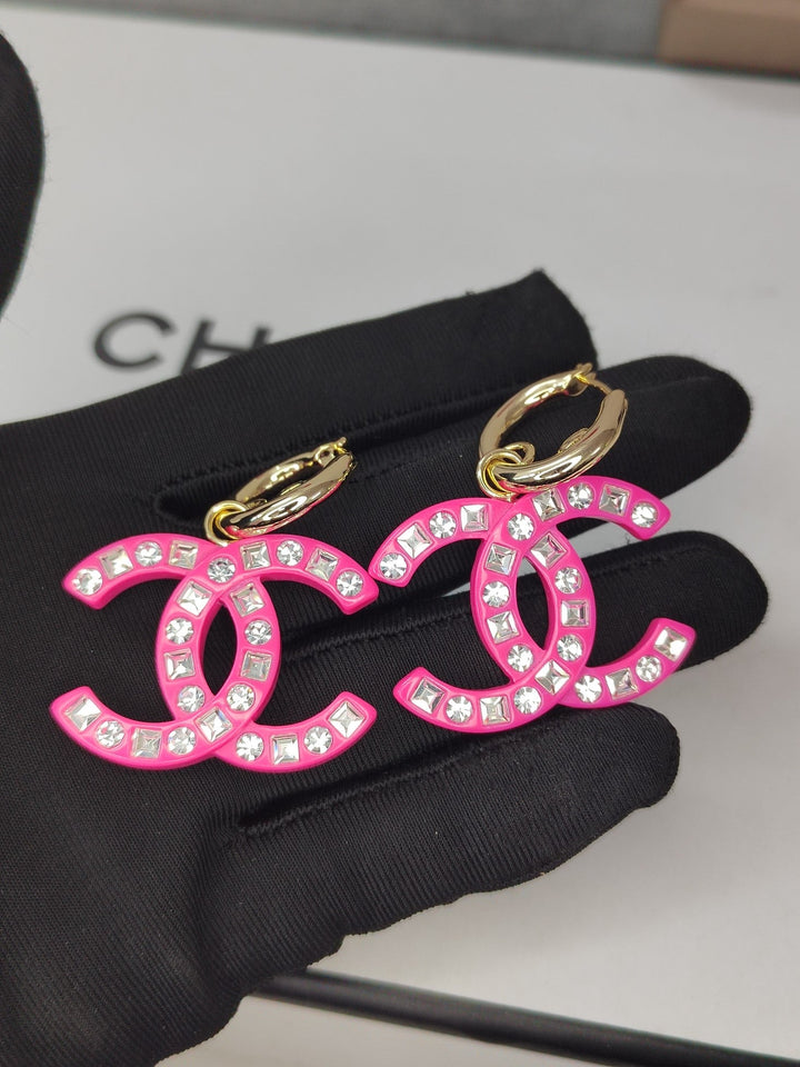 Fashion CC diamond encrusted black acrylic earrings