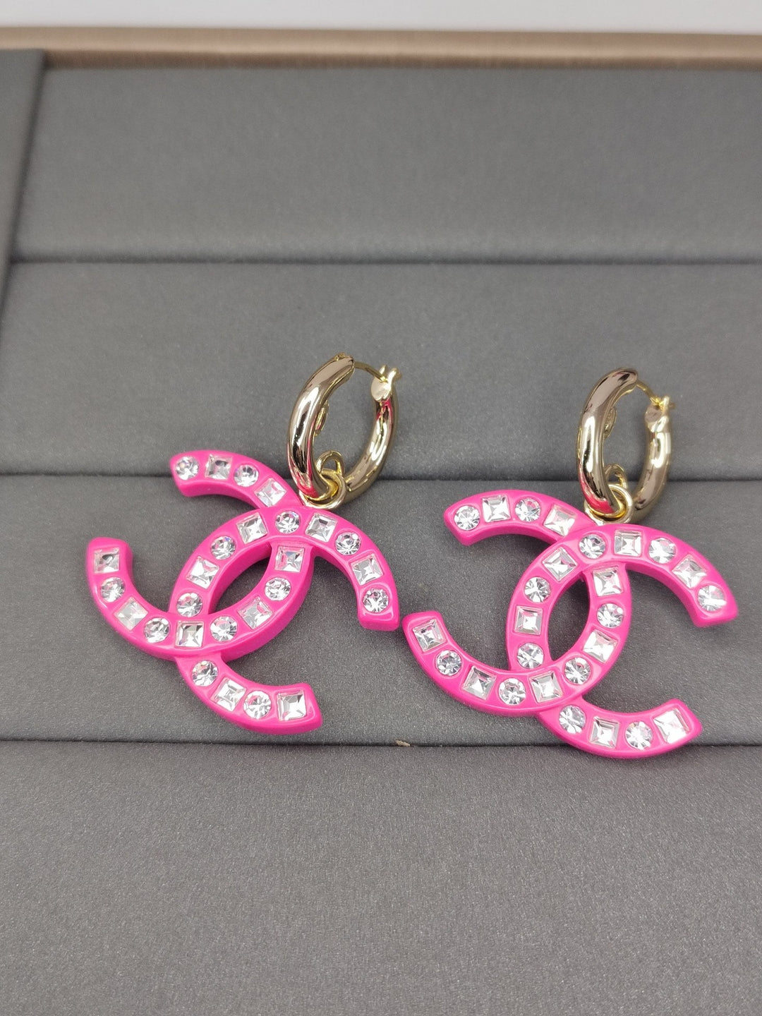 Fashion CC diamond encrusted black acrylic earrings