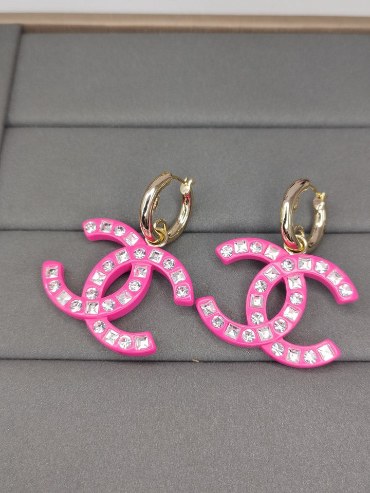 Fashion CC diamond encrusted black acrylic earrings