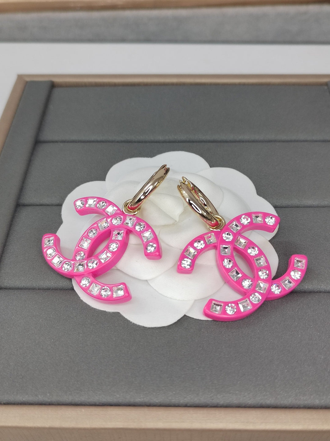 Fashion CC diamond encrusted black acrylic earrings