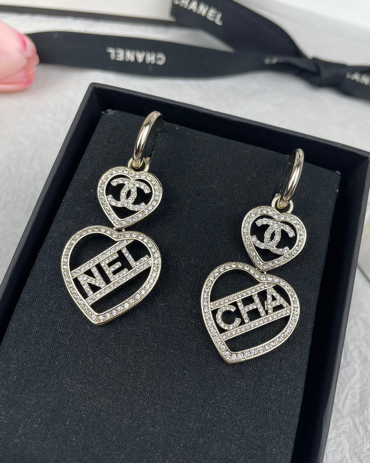 Fashion CC Double Heart Full Diamond Earrings