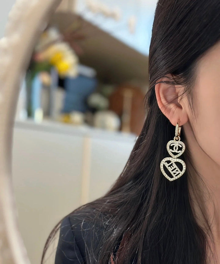 Fashion CC Double Heart Full Diamond Earrings