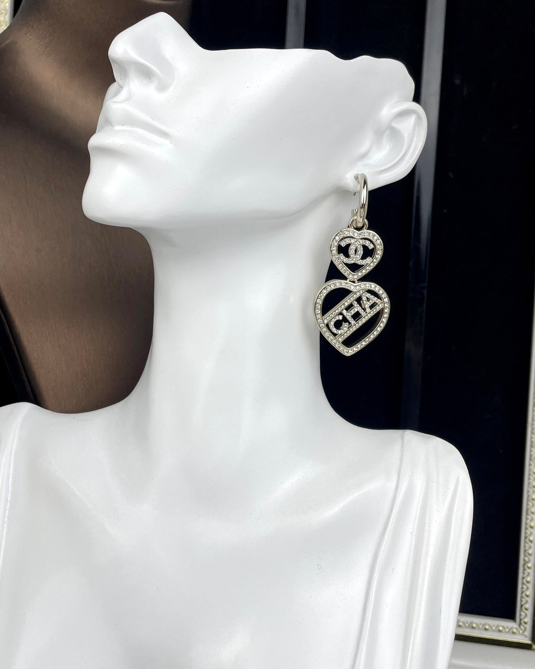 Fashion CC Double Heart Full Diamond Earrings