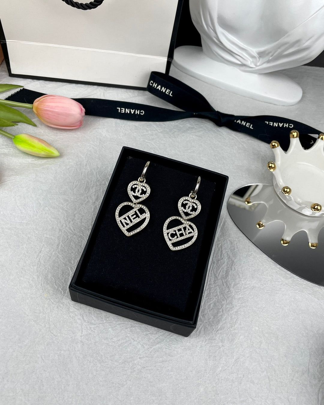 Fashion CC Double Heart Full Diamond Earrings