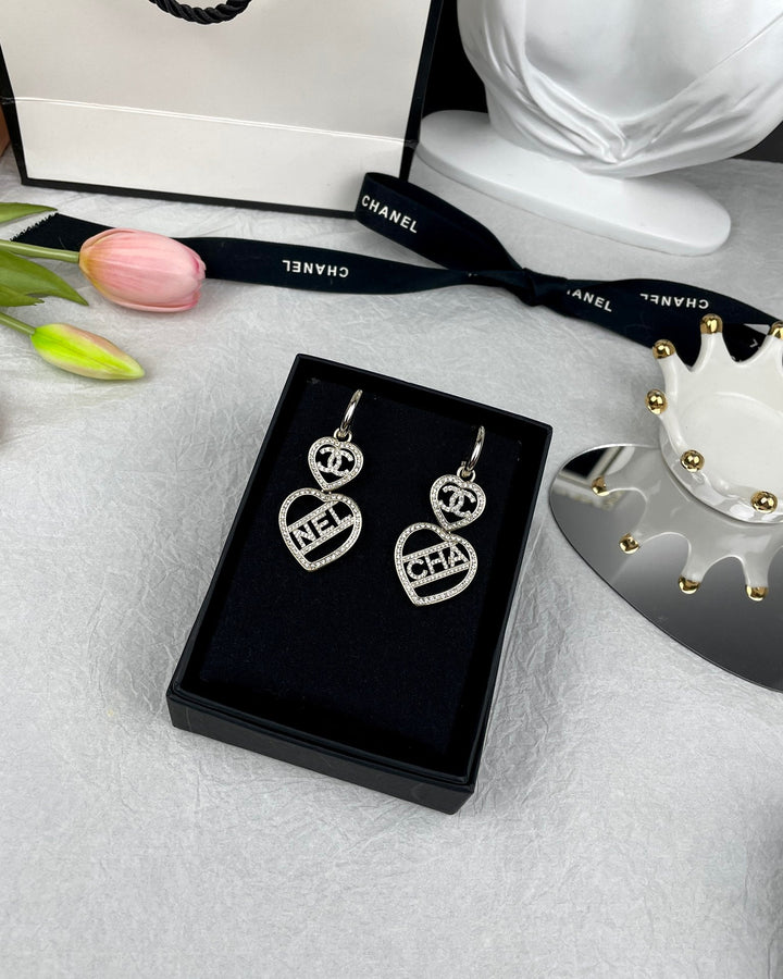 Fashion CC Double Heart Full Diamond Earrings