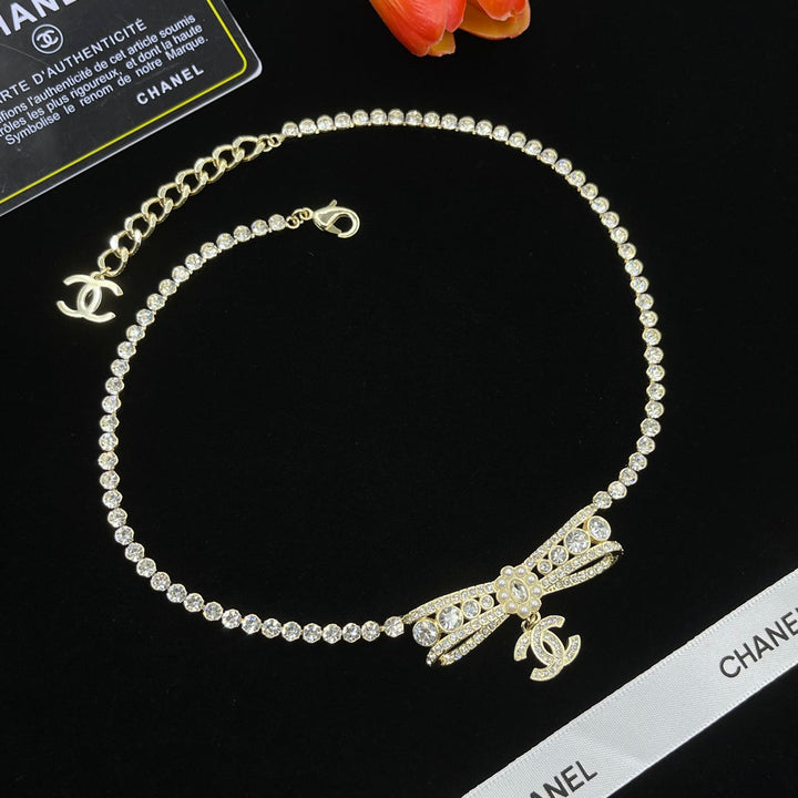 fashion CC bow full diamond necklace