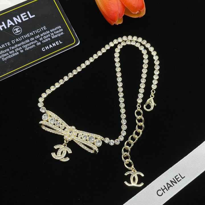 fashion CC bow full diamond necklace