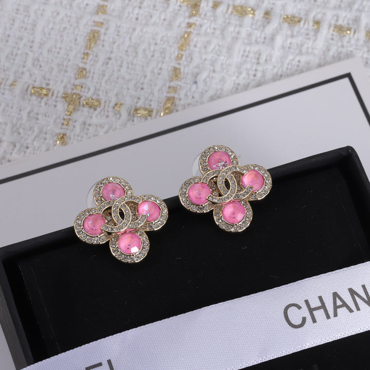 Pink Gemstone Clover Earrings