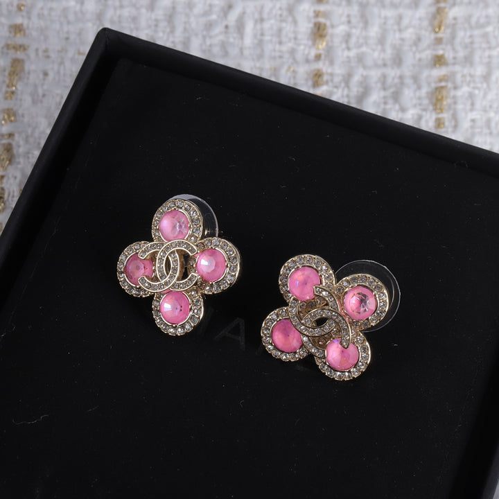 Pink Gemstone Clover Earrings