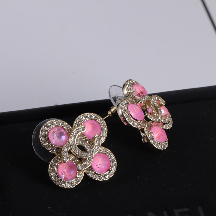 Pink Gemstone Clover Earrings