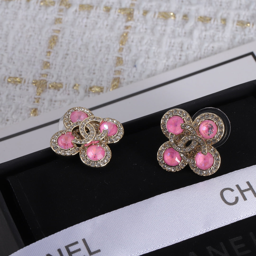 Pink Gemstone Clover Earrings
