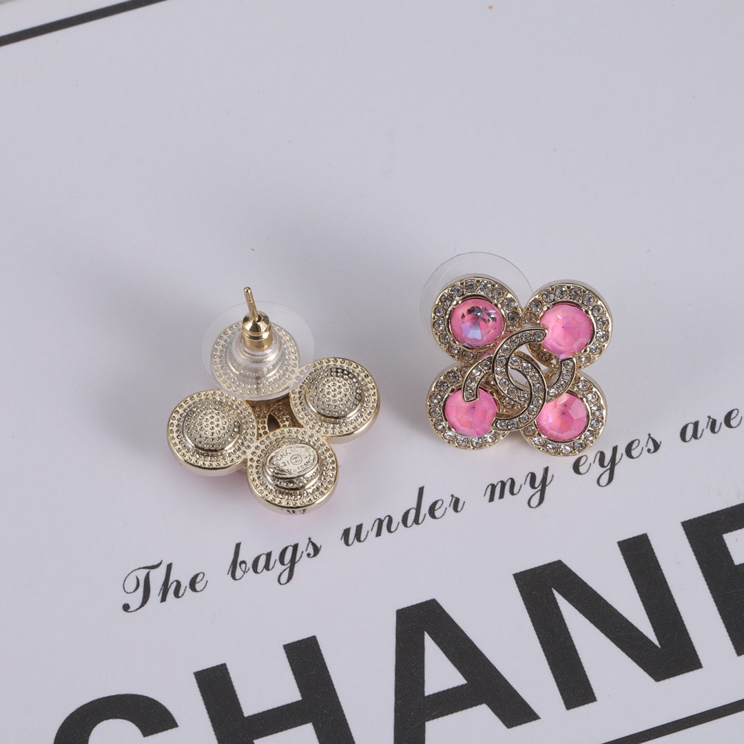 Pink Gemstone Clover Earrings