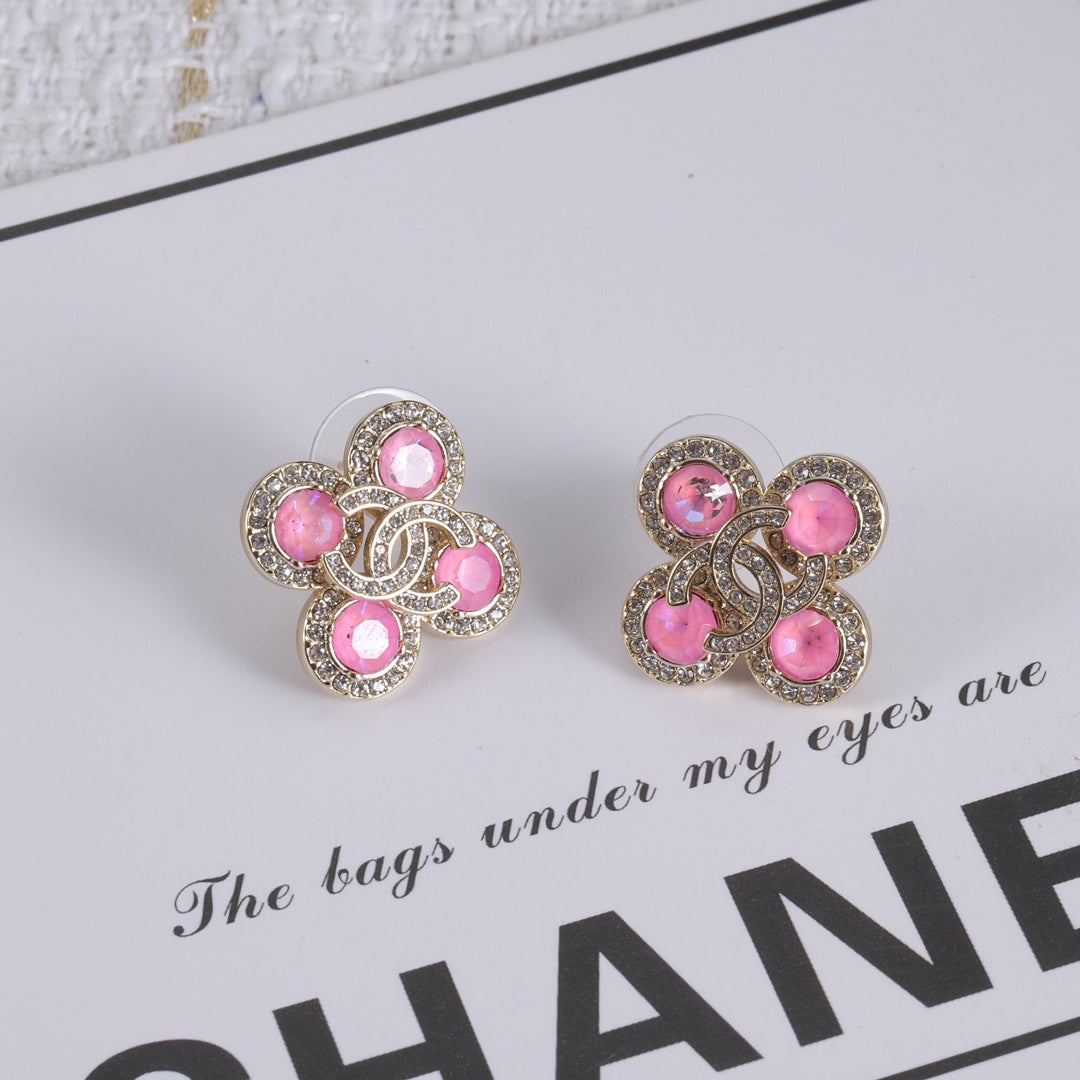 Pink Gemstone Clover Earrings