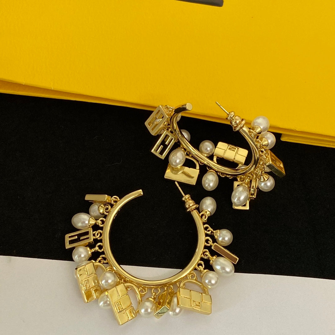 Pearl Logo Dangle Hoop Earrings