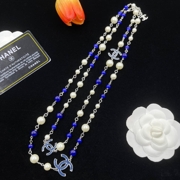 Pearl and Lapis Lazuli CC Logo Necklace