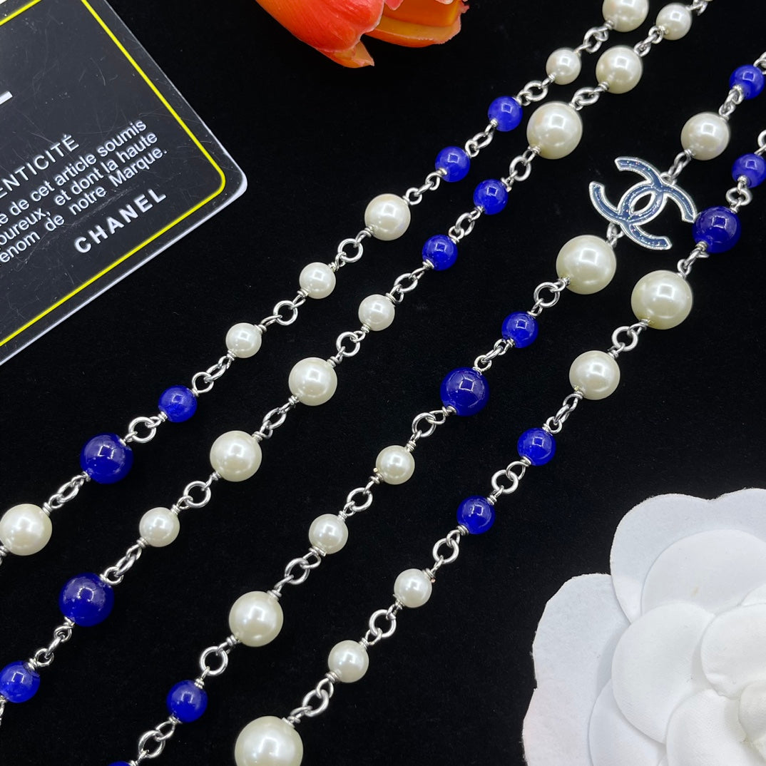 Pearl and Lapis Lazuli CC Logo Necklace