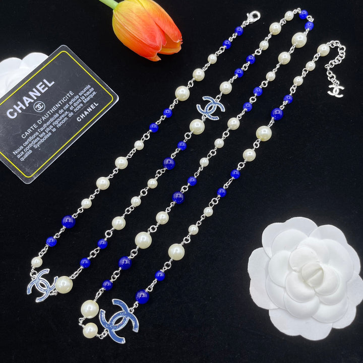 Pearl and Lapis Lazuli CC Logo Necklace