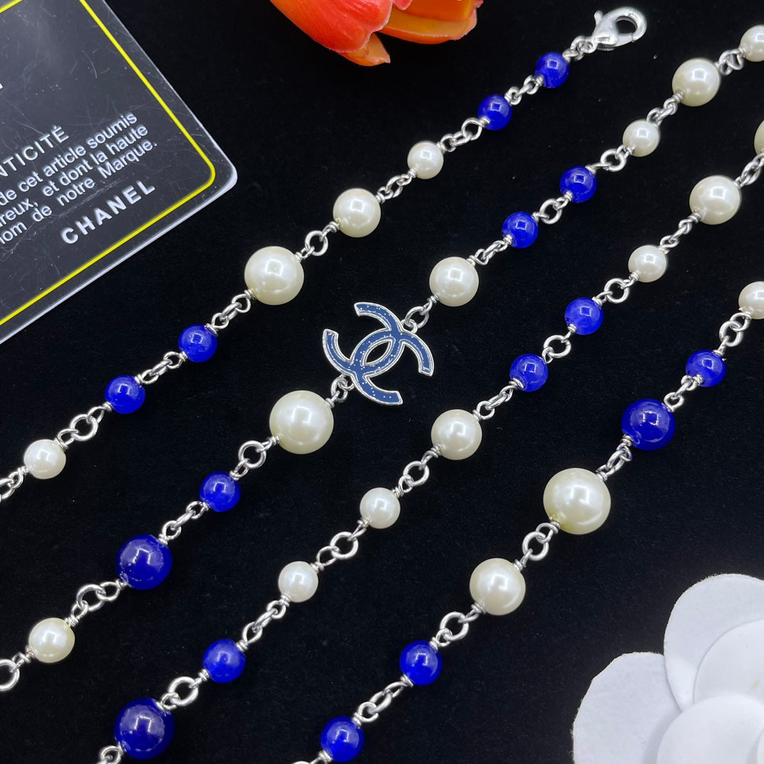Pearl and Lapis Lazuli CC Logo Necklace