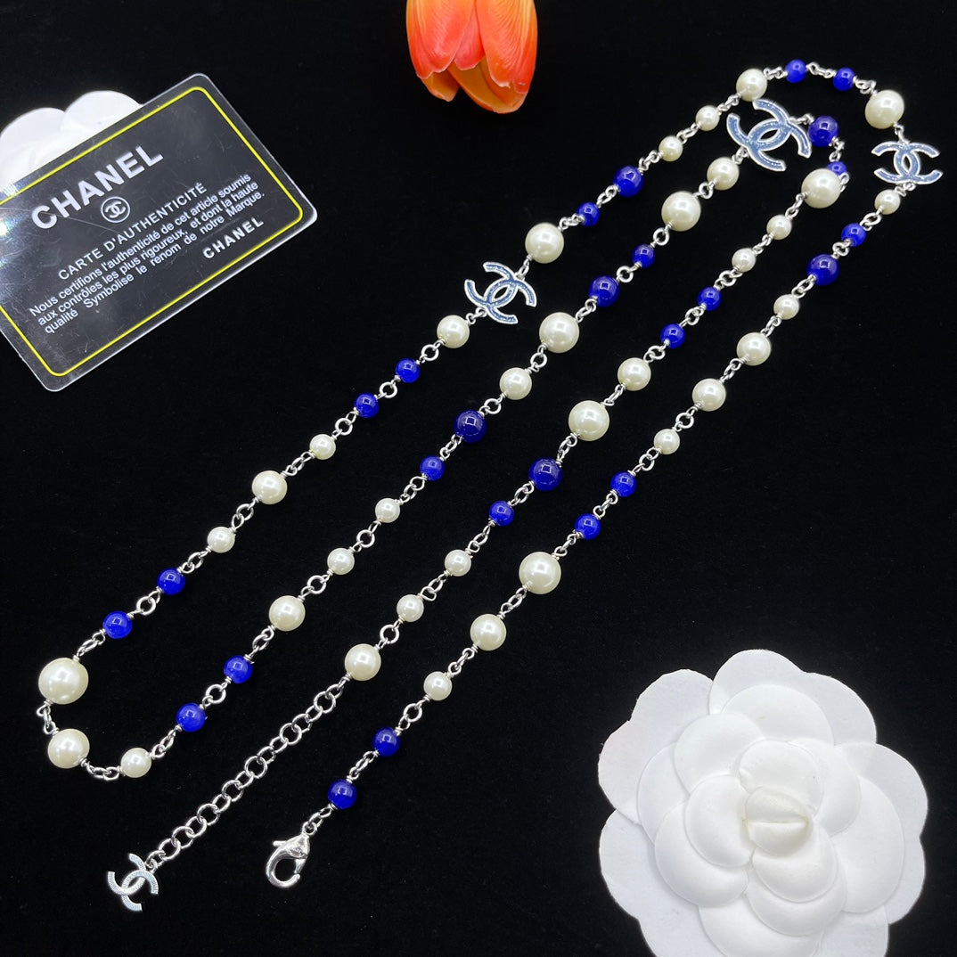 Pearl and Lapis Lazuli CC Logo Necklace