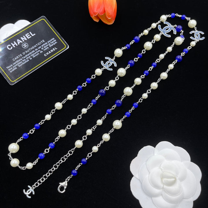 Pearl and Lapis Lazuli CC Logo Necklace