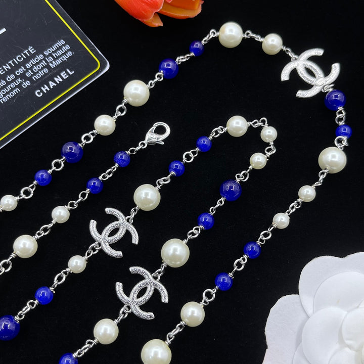 Pearl and Lapis Lazuli CC Logo Necklace