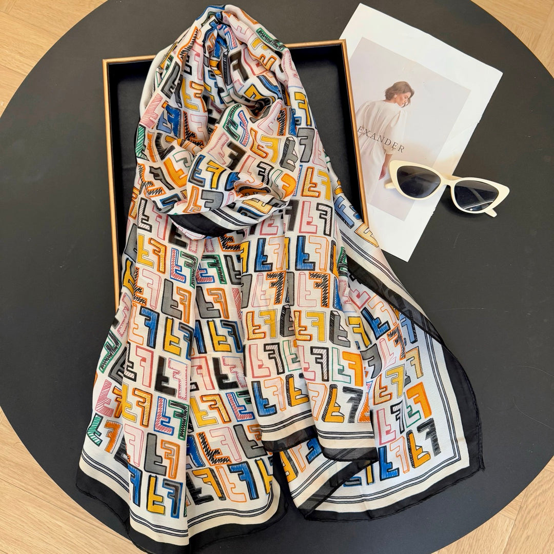 Colorful FF Printed Long Silk Scarf