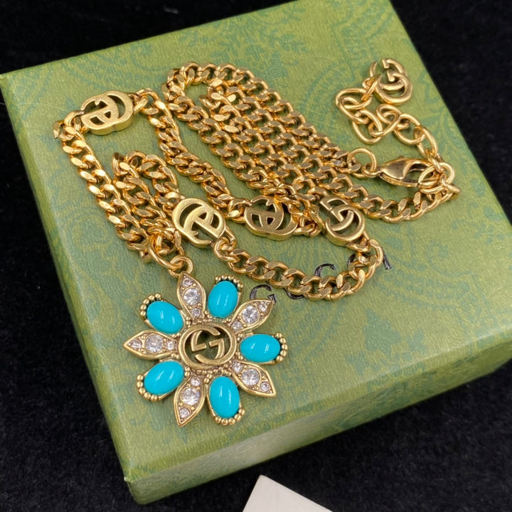 Turquoise Flower Gold Chain Necklace