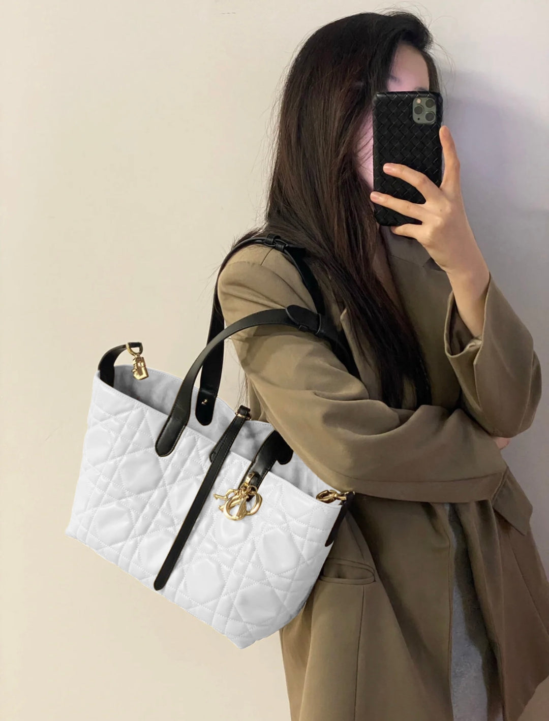 3 Colors Lattice Design Tote Bag(with small bag)