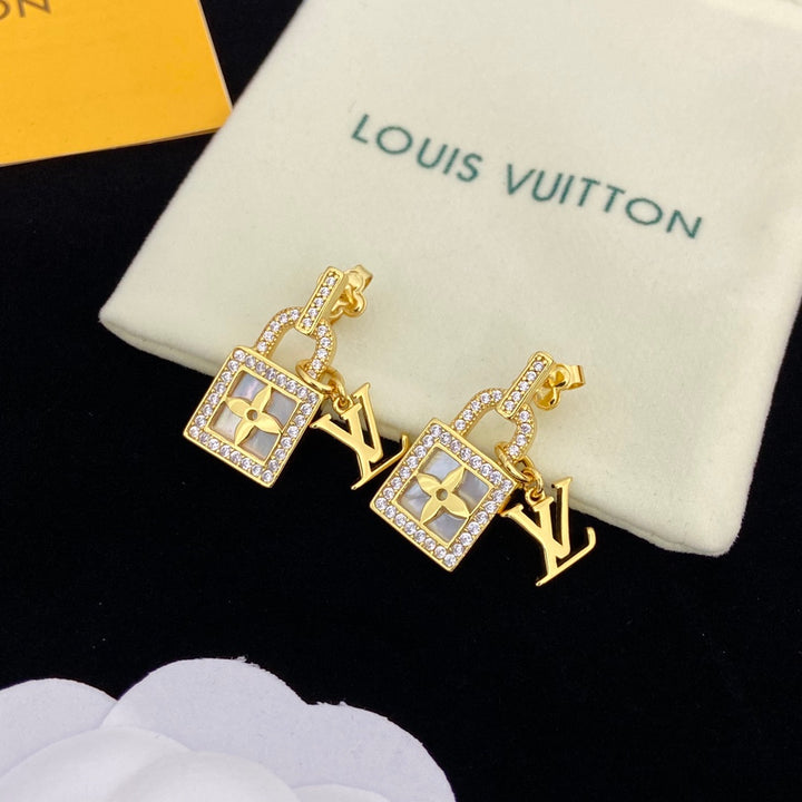 two-tone rhinestone lock earrings
