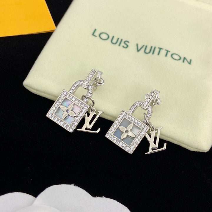 two-tone rhinestone lock earrings